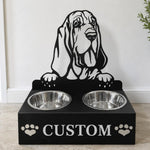Personalized bloodhound metal dog bowl stand with custom name cutout and two removable feeding bowls
