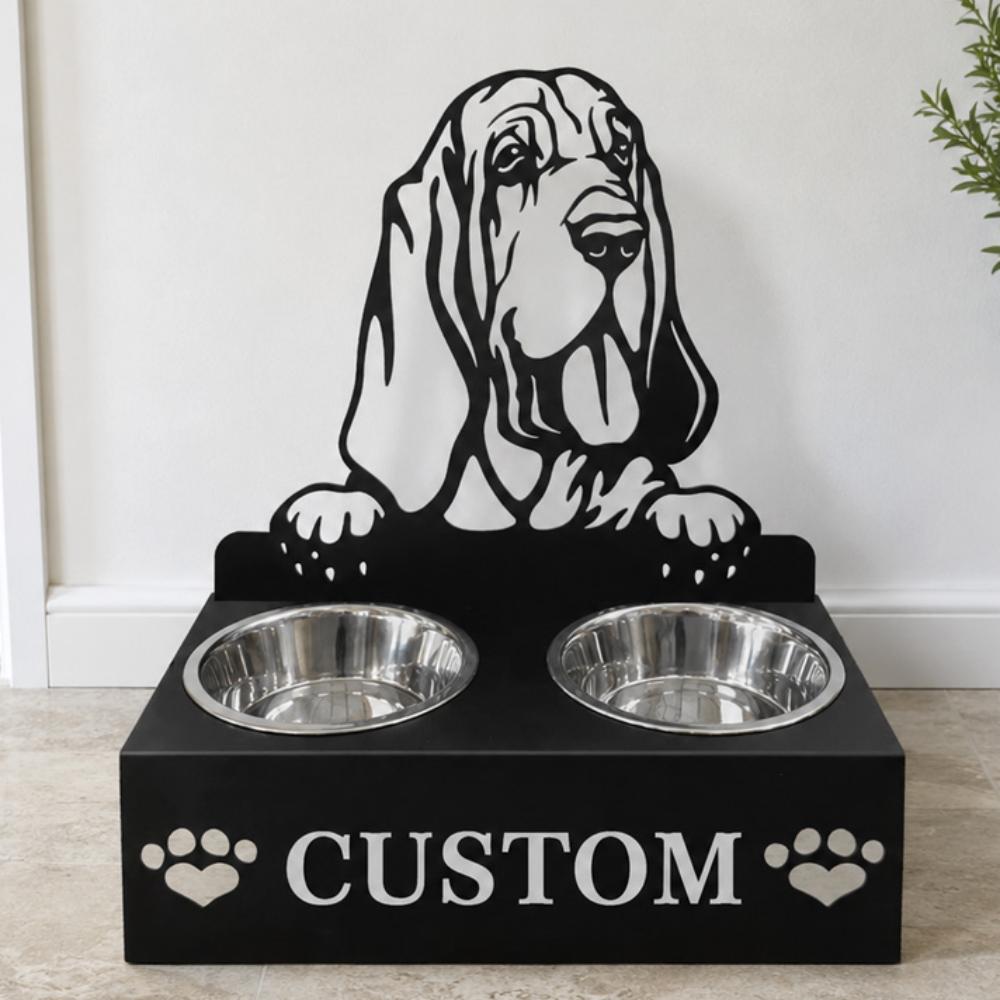 Personalized bloodhound metal dog bowl stand with custom name cutout and two removable feeding bowls