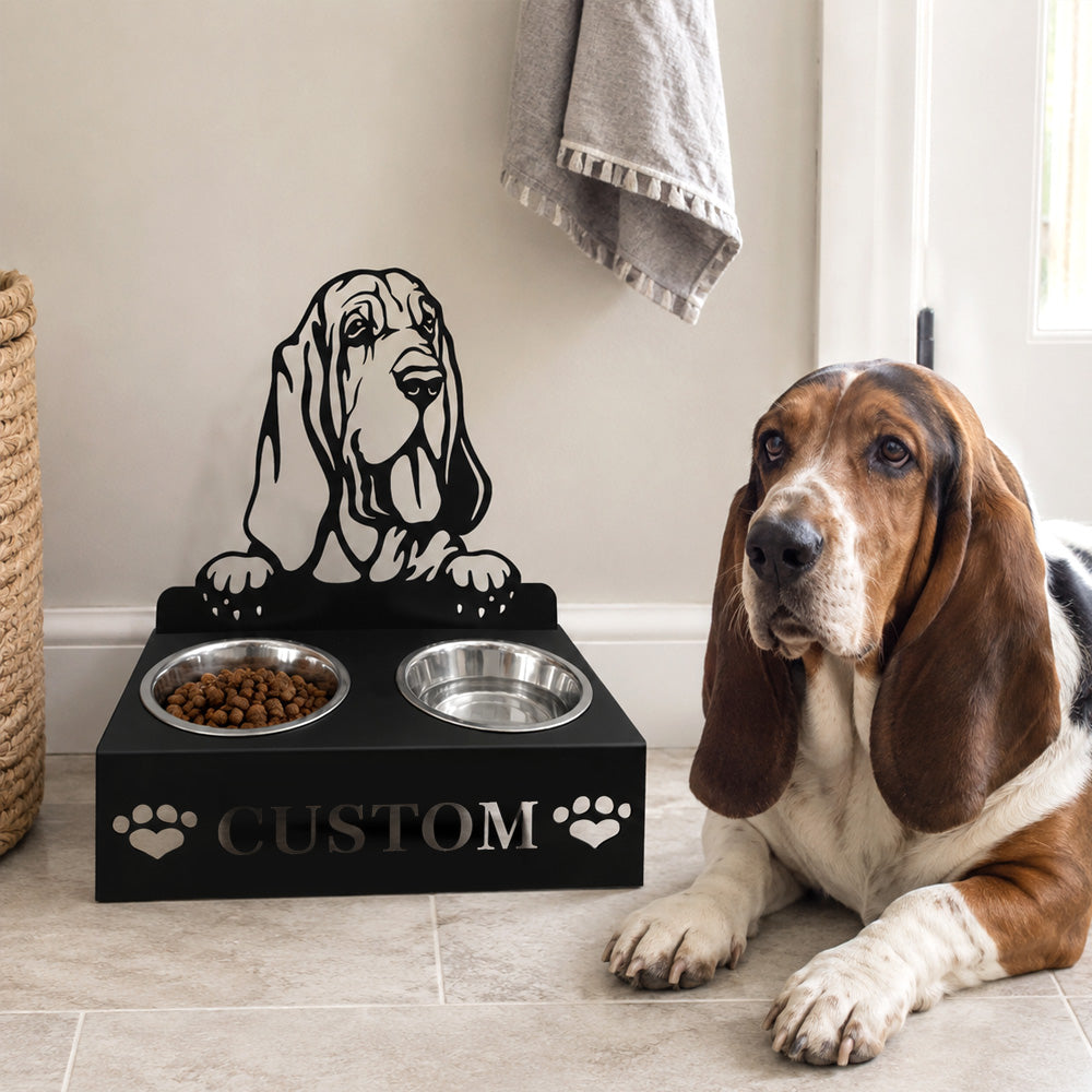 Personalized bloodhound metal dog bowl stand with custom name cutout and two removable feeding bowls