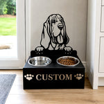 Personalized bloodhound metal dog bowl stand with custom name cutout and two removable feeding bowls