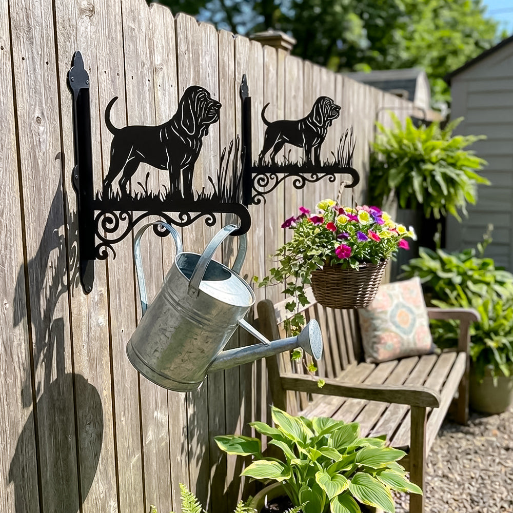 Bloodhound metal hanging basket bracket mounted on outdoor wall for plant decoration