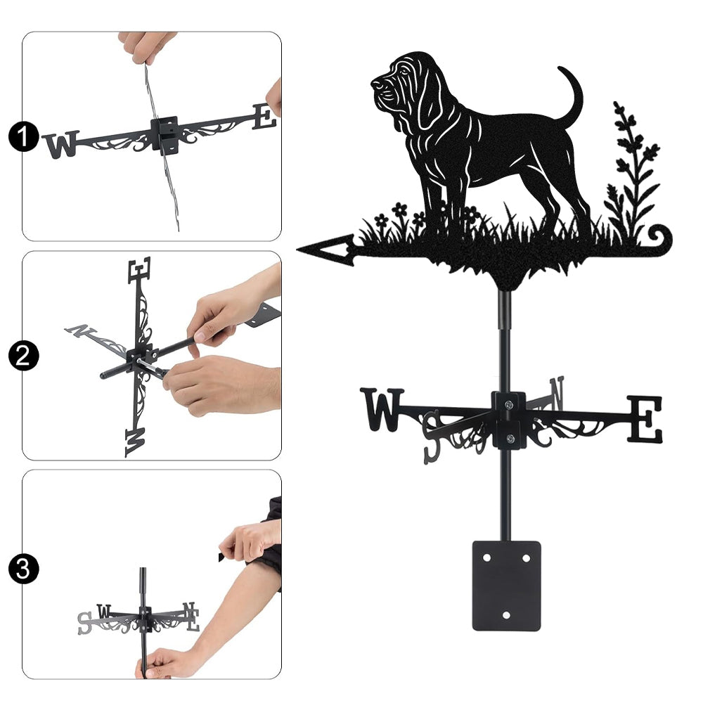 Bloodhound metal weather vane with directional arrows and mounting rod, outdoor roof and garden decoration