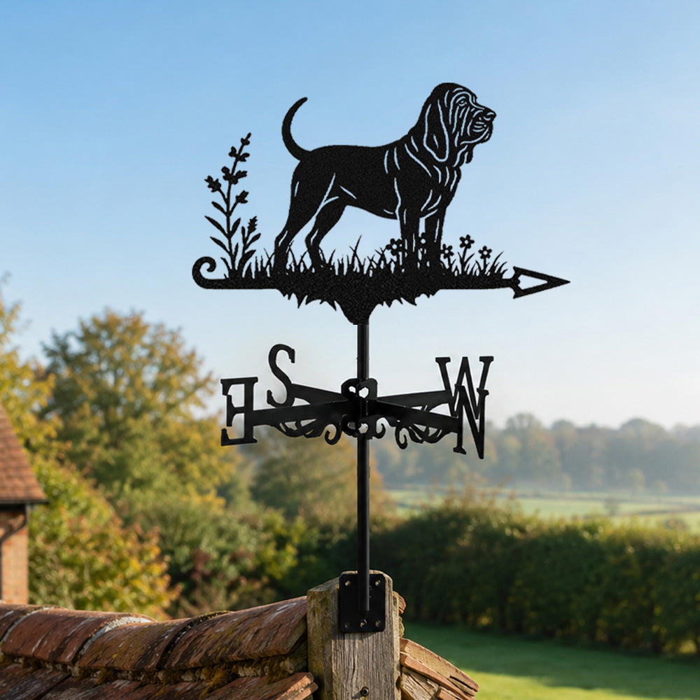 Bloodhound metal weather vane with directional arrows and mounting rod, outdoor roof and garden decoration