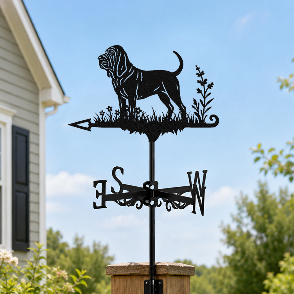 Bloodhound metal weather vane with directional arrows and mounting rod, outdoor roof and garden decoration