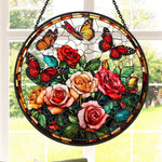 Blooming roses monarch butterflies stained glass suncatcher window hanging, suitable for home and garden decoration