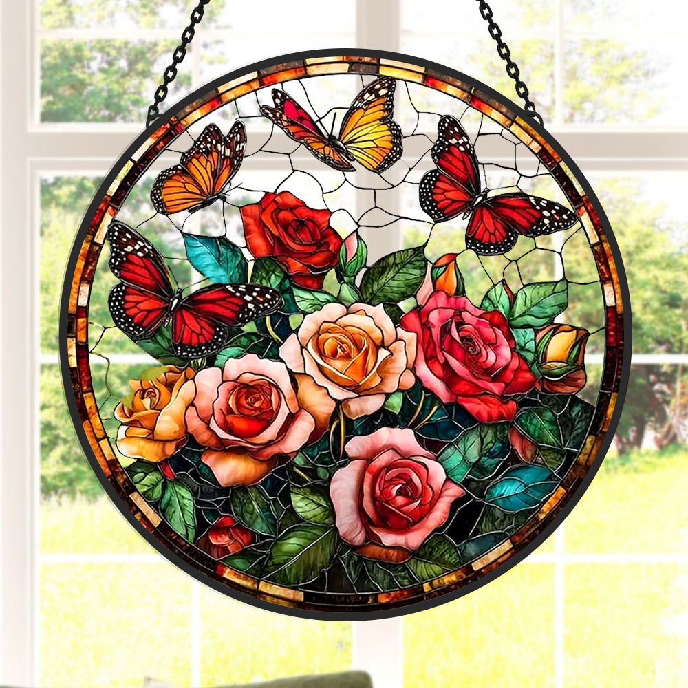 Blooming roses monarch butterflies stained glass suncatcher window hanging, suitable for home and garden decoration
