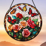 Blooming roses monarch butterflies stained glass suncatcher window hanging, suitable for home and garden decoration