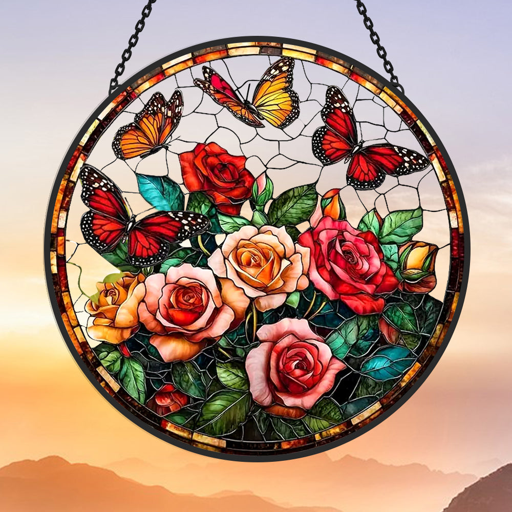Blooming roses monarch butterflies stained glass suncatcher window hanging, suitable for home and garden decoration