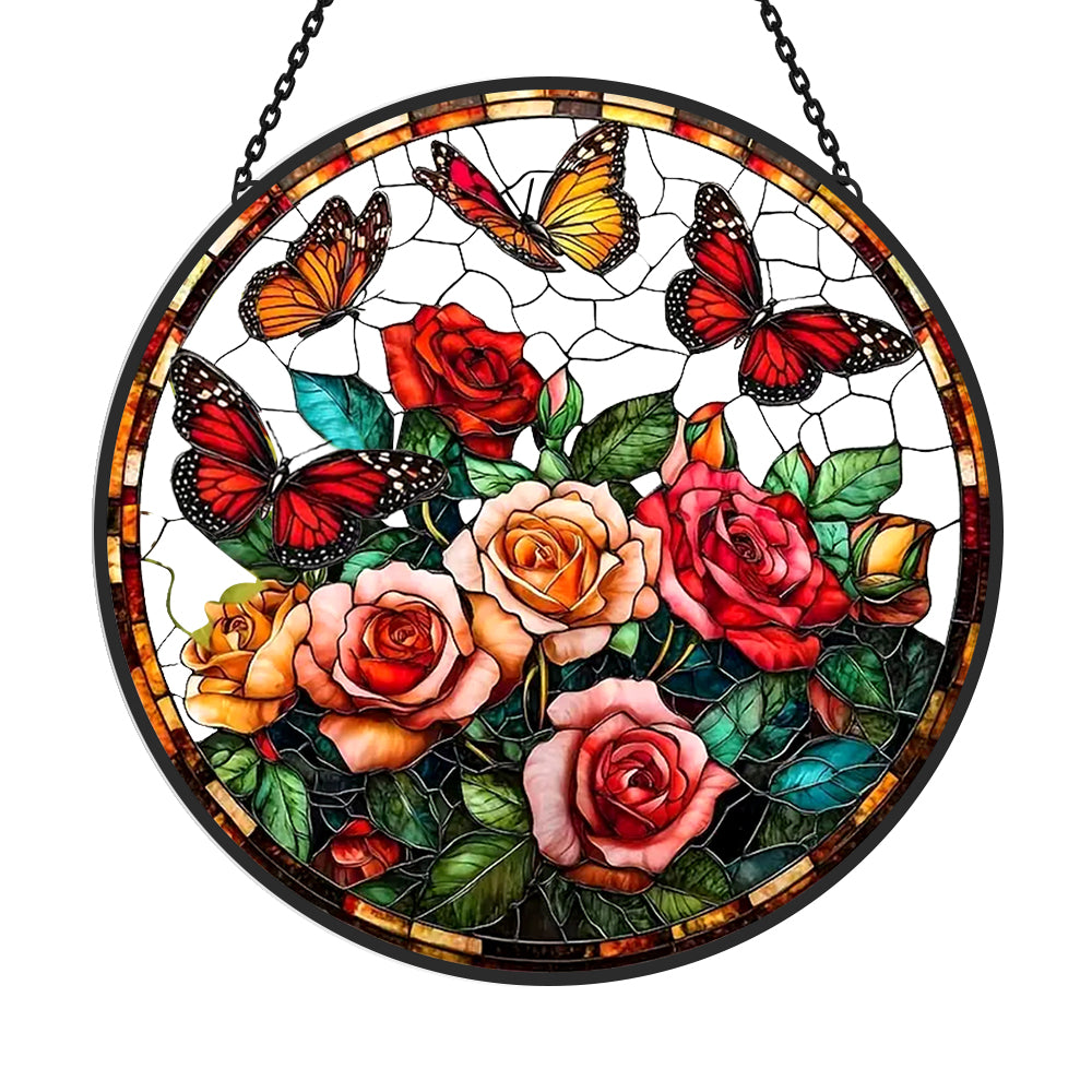 Blooming roses monarch butterflies stained glass suncatcher window hanging, suitable for home and garden decoration