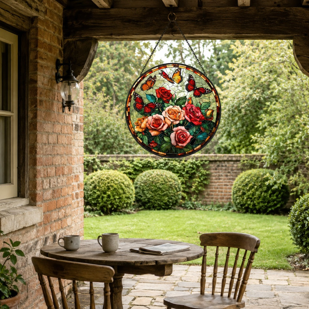 Blooming roses monarch butterflies stained glass suncatcher window hanging, suitable for home and garden decoration