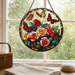Blooming roses monarch butterflies stained glass suncatcher window hanging, suitable for home and garden decoration