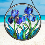 Blue iris floral stained glass suncatcher window hanging, suitable for home and garden decoration