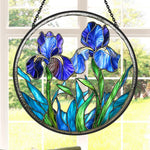 Blue iris floral stained glass suncatcher window hanging, suitable for home and garden decoration