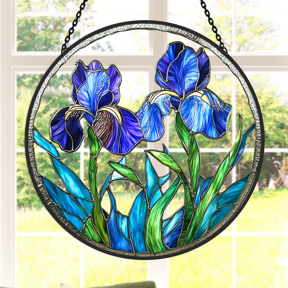 Blue iris floral stained glass suncatcher window hanging, suitable for home and garden decoration