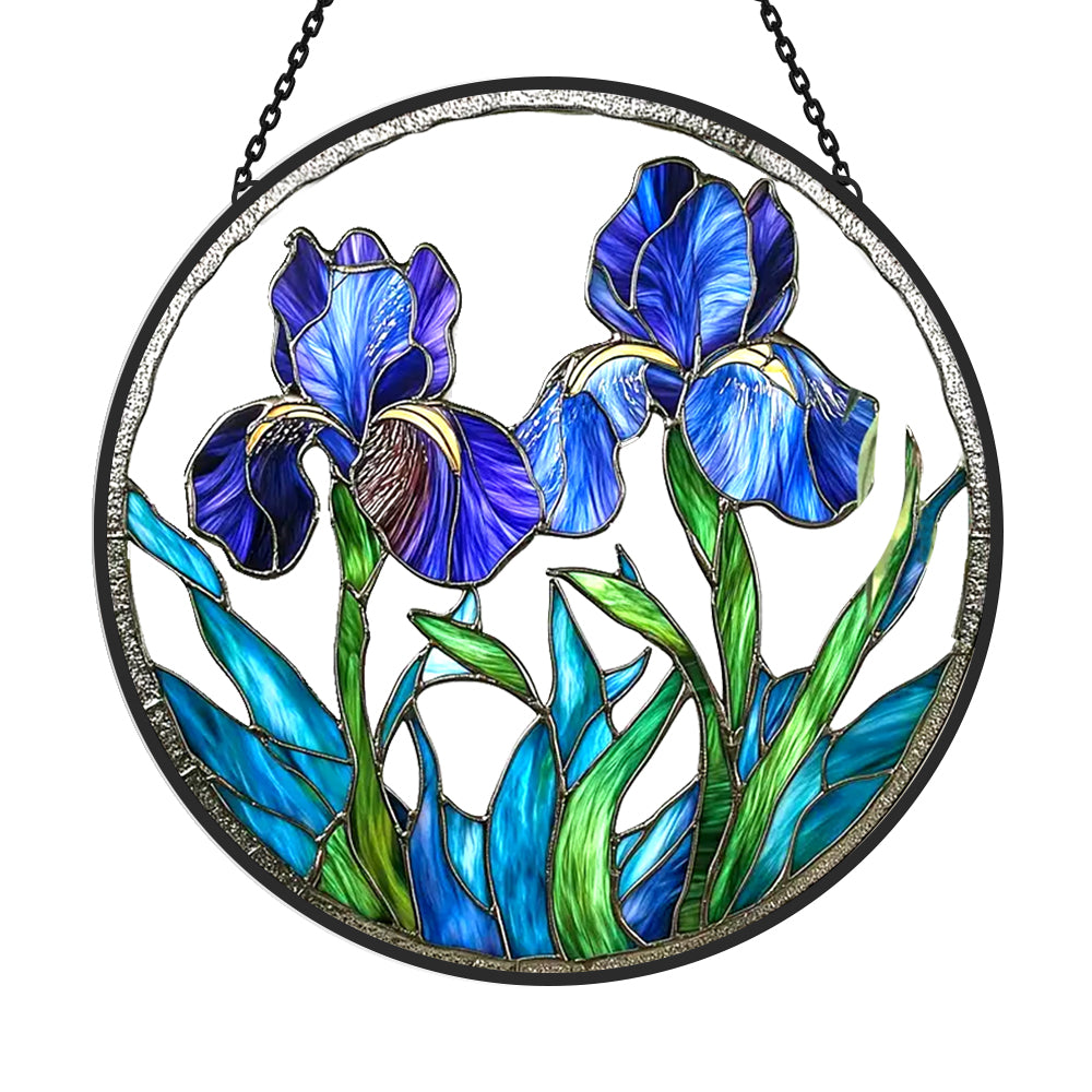 Blue iris floral stained glass suncatcher window hanging, suitable for home and garden decoration