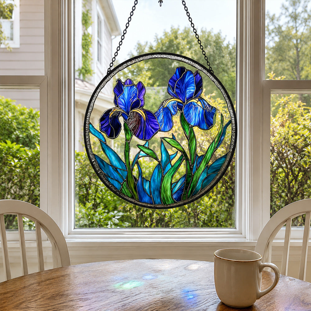 Blue iris floral stained glass suncatcher window hanging, suitable for home and garden decoration