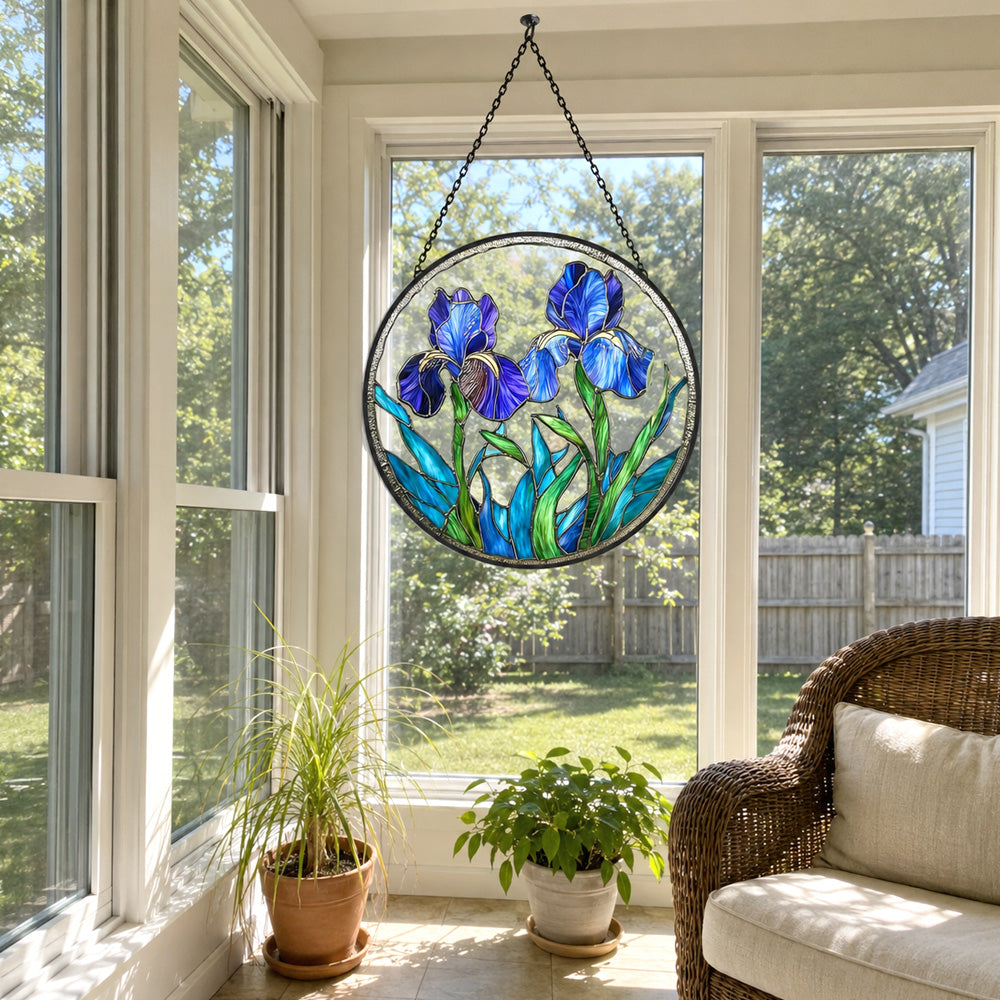 Blue iris floral stained glass suncatcher window hanging, suitable for home and garden decoration