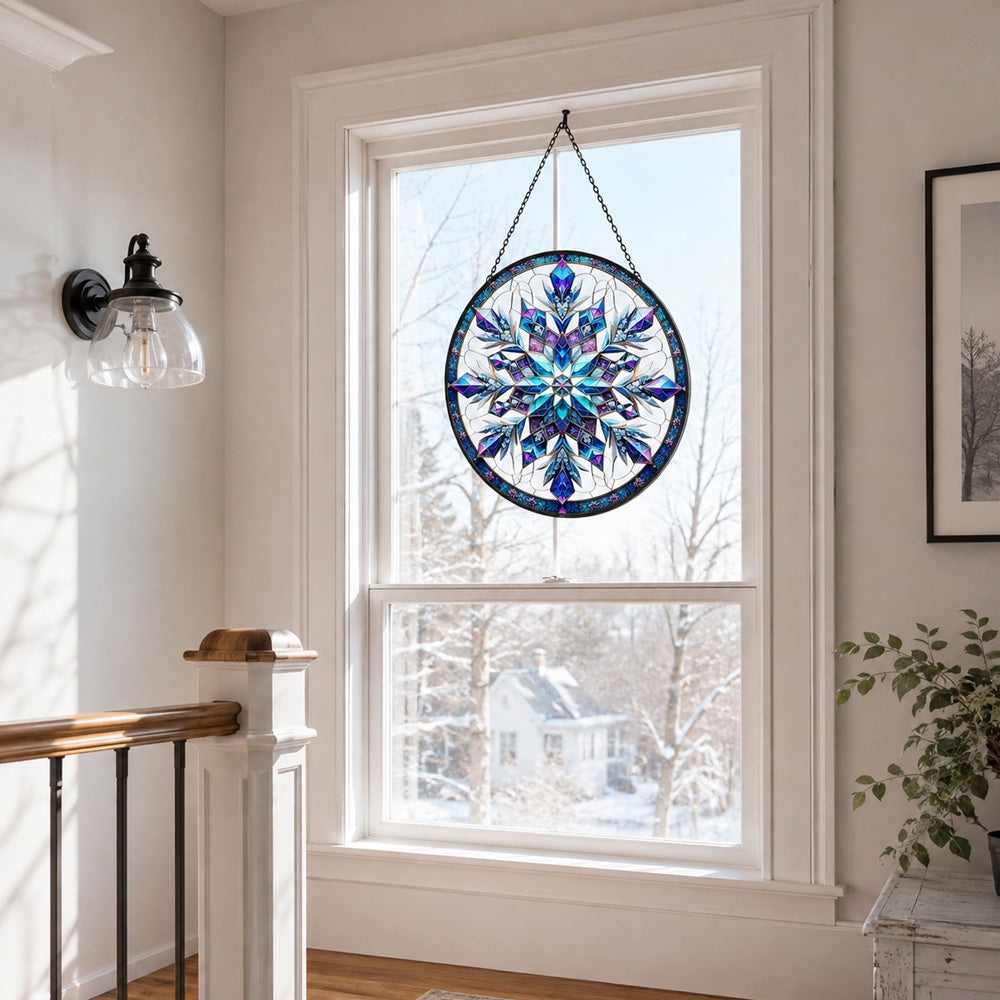Blue snowflake stained glass suncatcher window hanging, suitable for home and garden decoration