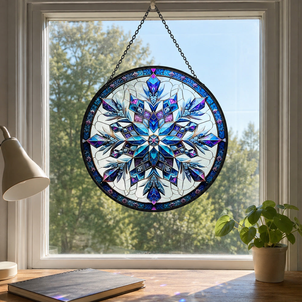 Blue snowflake stained glass suncatcher window hanging, suitable for home and garden decoration