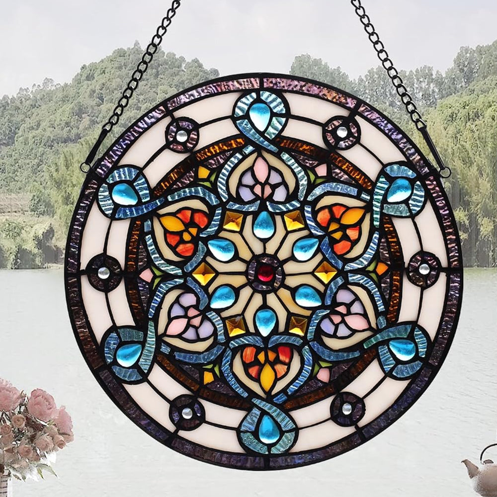 Blue mandala kaleidoscope stained glass suncatcher window hanging, suitable for home and garden decoration