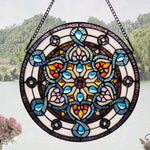 Blue mandala kaleidoscope stained glass suncatcher window hanging, suitable for home and garden decoration