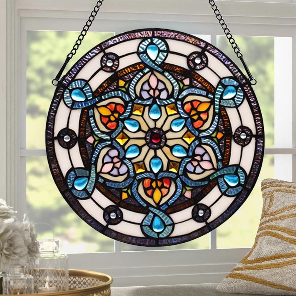 Blue mandala kaleidoscope stained glass suncatcher window hanging, suitable for home and garden decoration