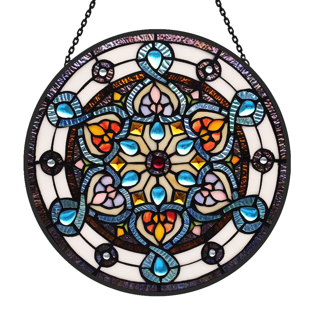 Blue mandala kaleidoscope stained glass suncatcher window hanging, suitable for home and garden decoration