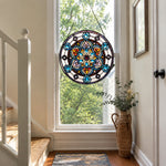 Blue mandala kaleidoscope stained glass suncatcher window hanging, suitable for home and garden decoration