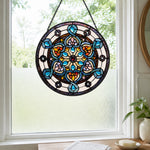 Blue mandala kaleidoscope stained glass suncatcher window hanging, suitable for home and garden decoration
