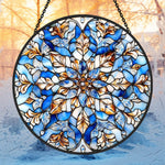 Blue mandala snowflake stained glass suncatcher window hanging, suitable for home and garden decoration
