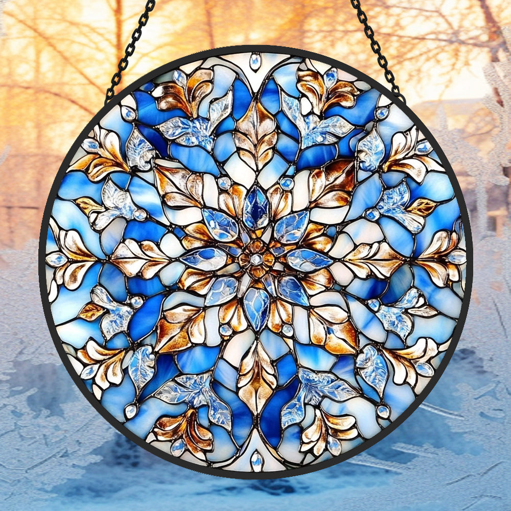 Blue mandala snowflake stained glass suncatcher window hanging, suitable for home and garden decoration