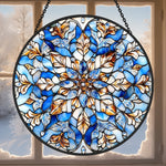 Blue mandala snowflake stained glass suncatcher window hanging, suitable for home and garden decoration