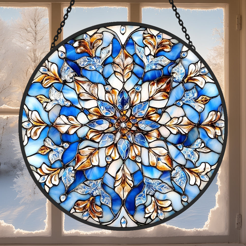 Blue mandala snowflake stained glass suncatcher window hanging, suitable for home and garden decoration