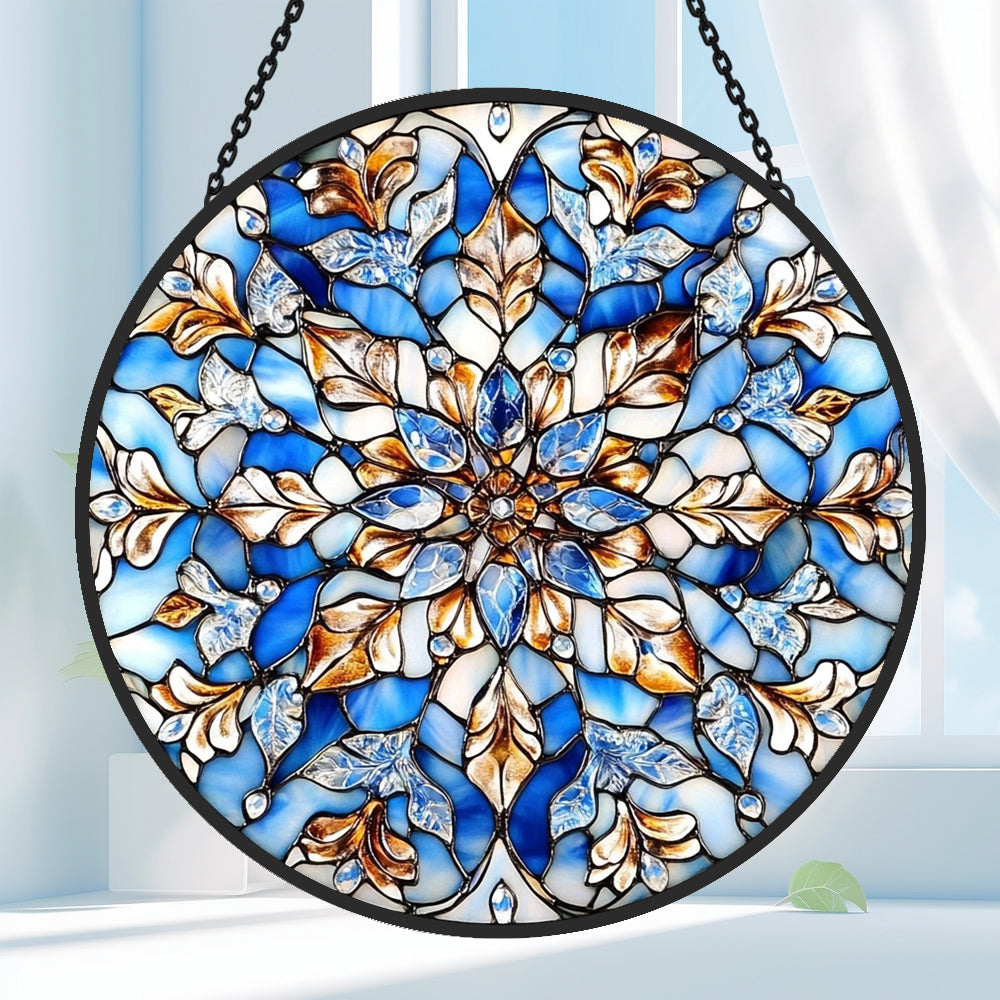 Blue mandala snowflake stained glass suncatcher window hanging, suitable for home and garden decoration