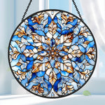 Blue mandala snowflake stained glass suncatcher window hanging, suitable for home and garden decoration