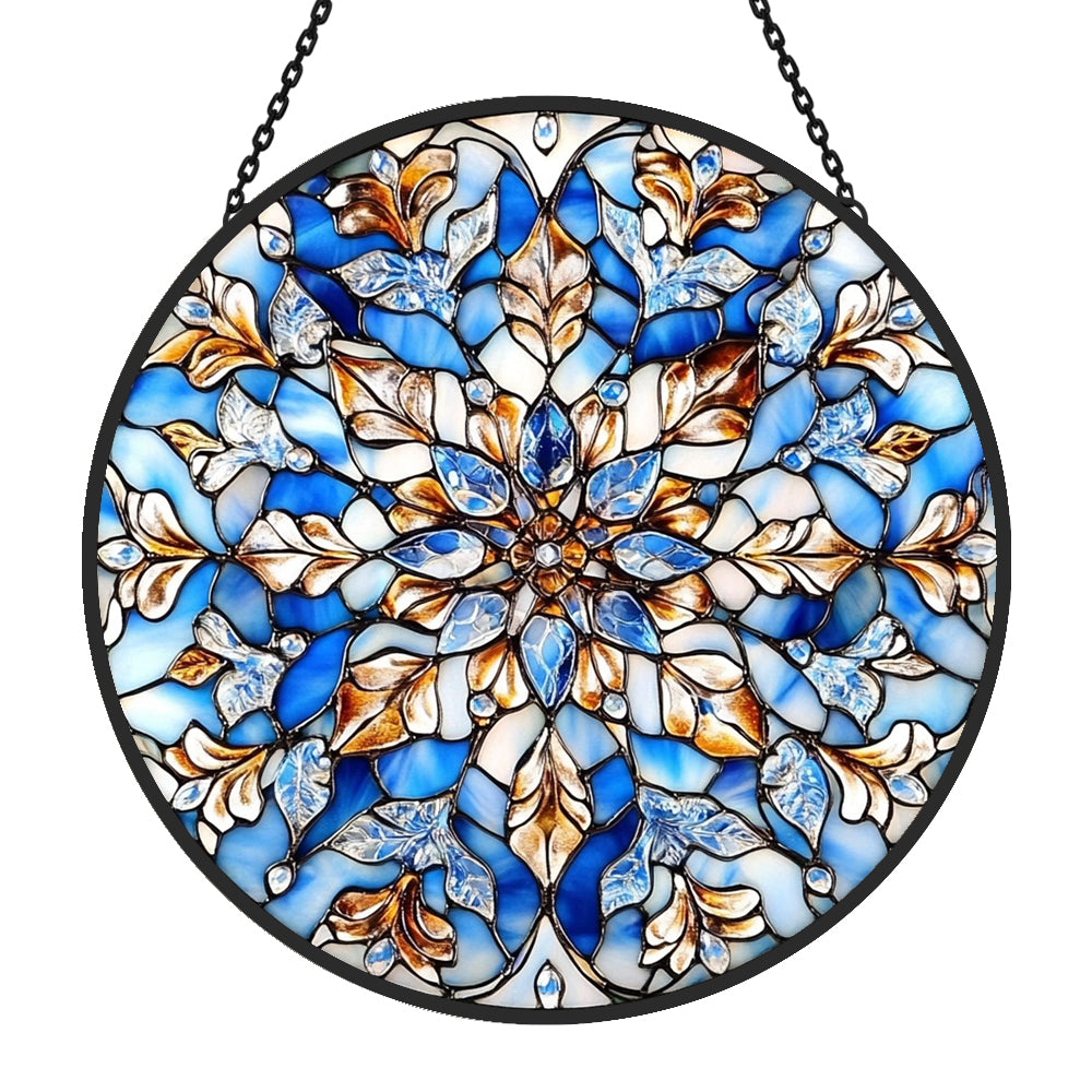 Blue mandala snowflake stained glass suncatcher window hanging, suitable for home and garden decoration