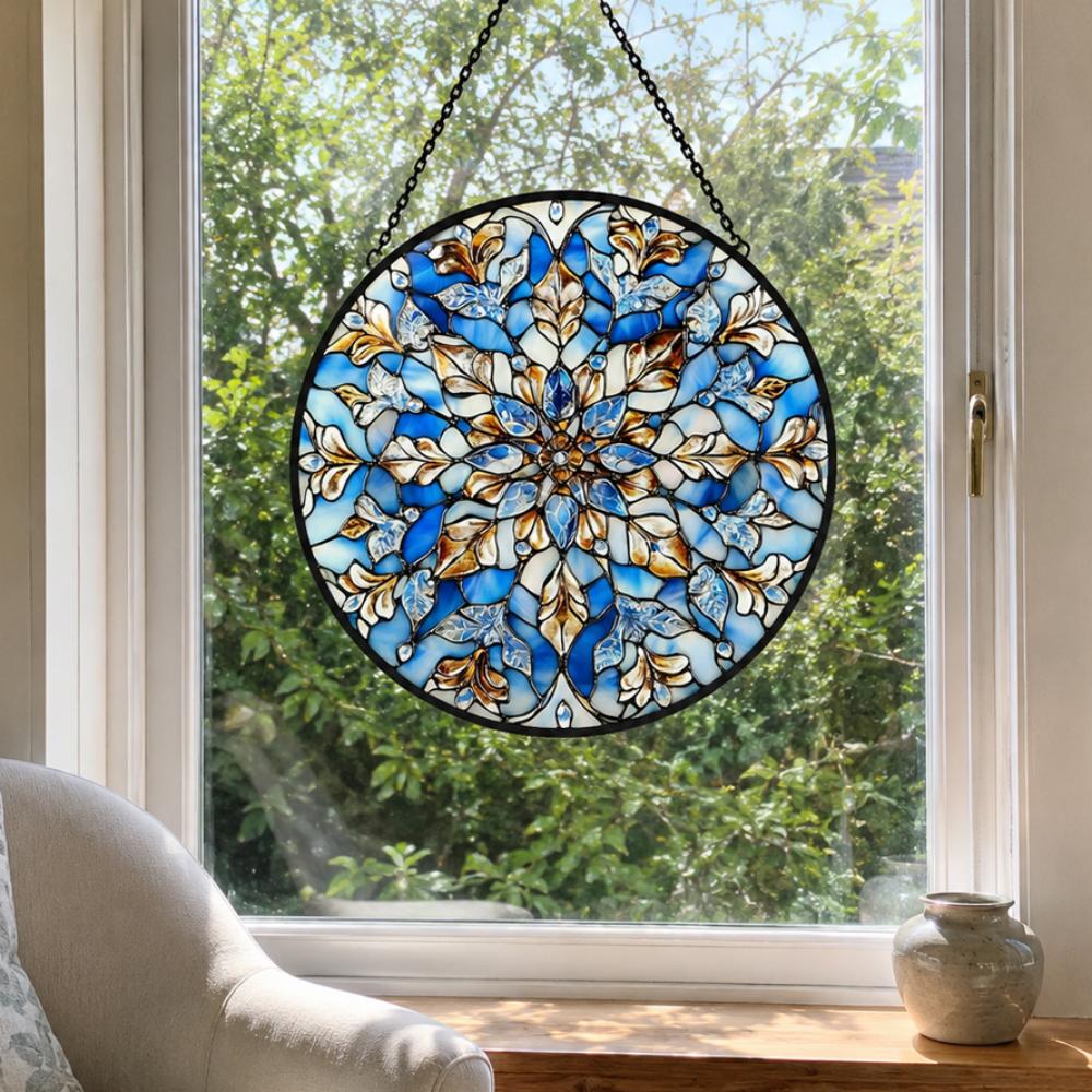 Blue mandala snowflake stained glass suncatcher window hanging, suitable for home and garden decoration