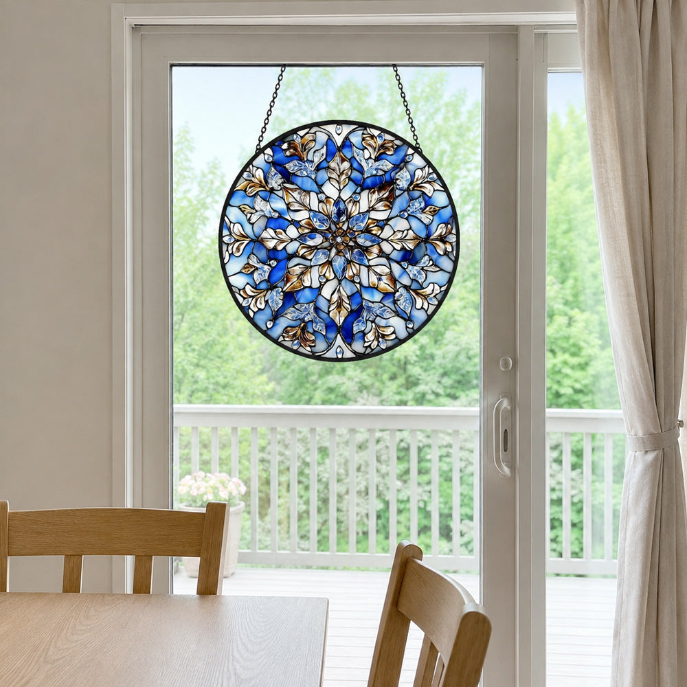 Blue mandala snowflake stained glass suncatcher window hanging, suitable for home and garden decoration