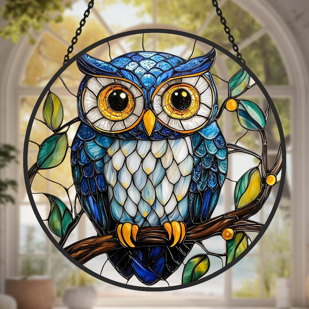 blue owl stained glass suncatcher window hanging, suitable for home and garden decoration.