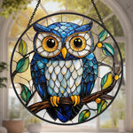blue owl stained glass suncatcher window hanging, suitable for home and garden decoration.