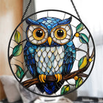 blue owl stained glass suncatcher window hanging, suitable for home and garden decoration.