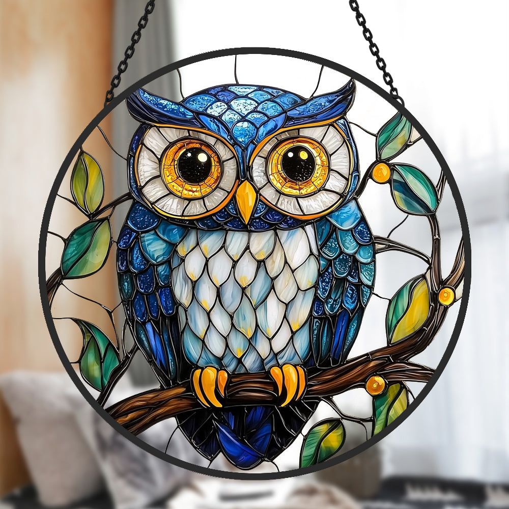 blue owl stained glass suncatcher window hanging, suitable for home and garden decoration.