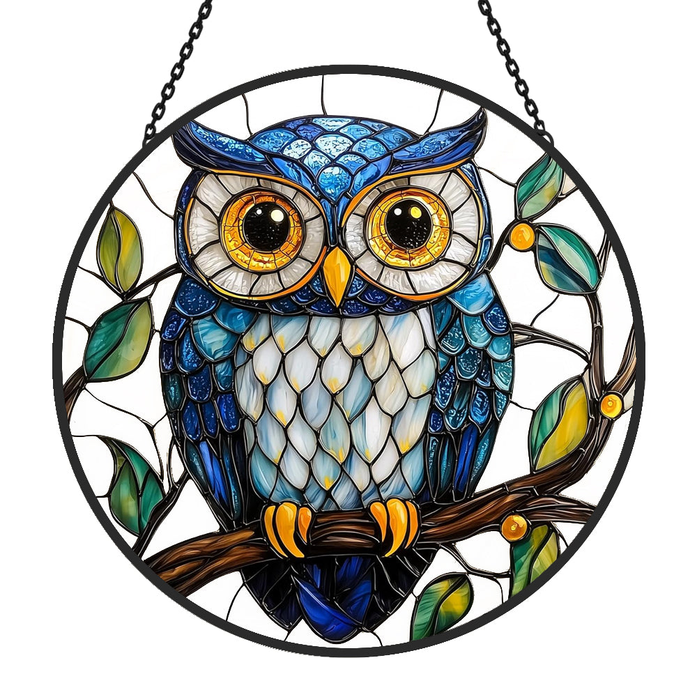 blue owl stained glass suncatcher window hanging, suitable for home and garden decoration.