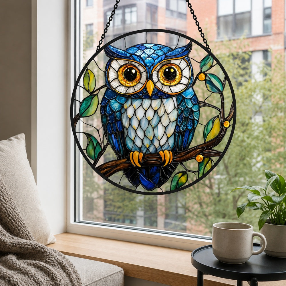 Blue owl stained glass suncatcher window hanging, suitable for home and garden decoration