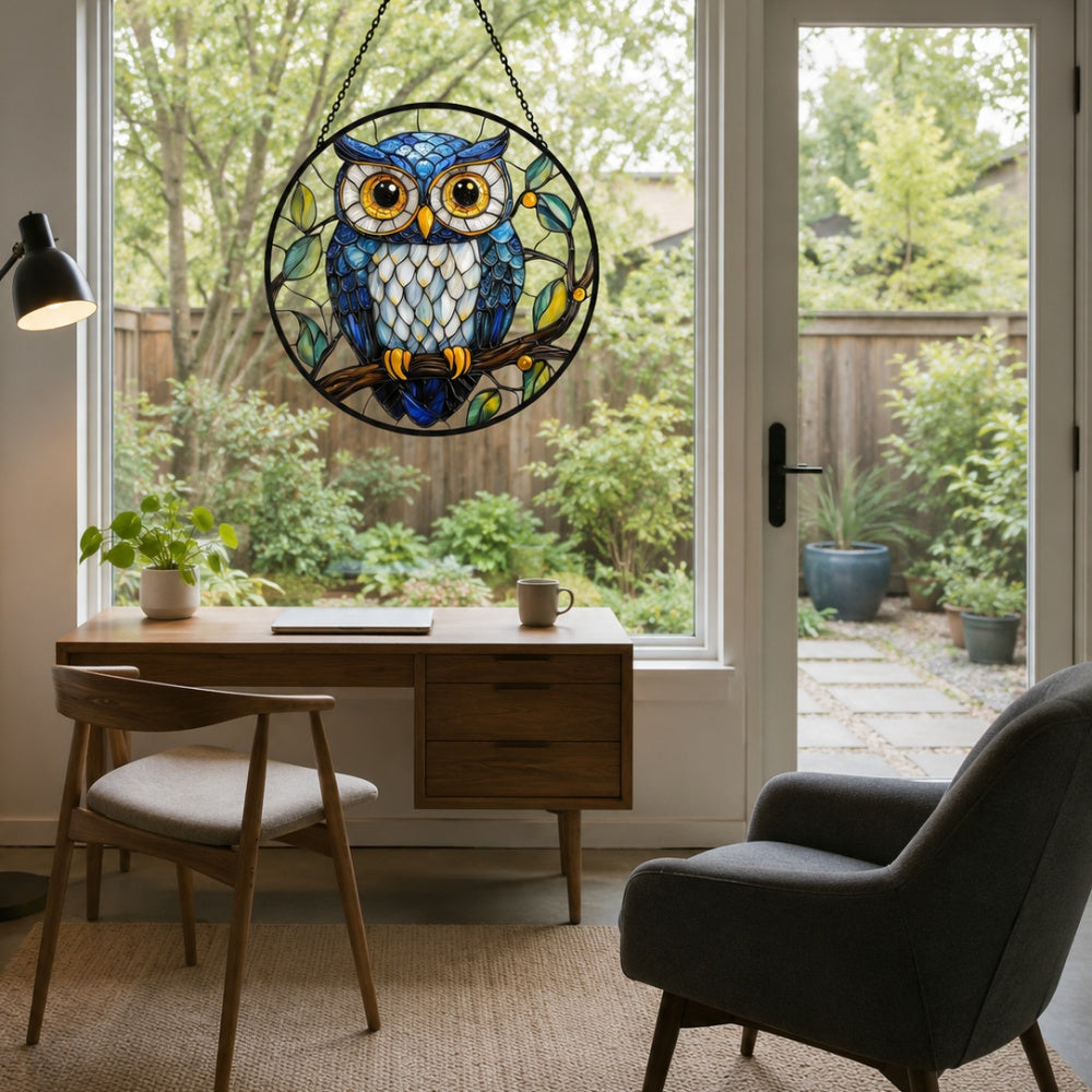 Blue owl stained glass suncatcher window hanging, suitable for home and garden decoration