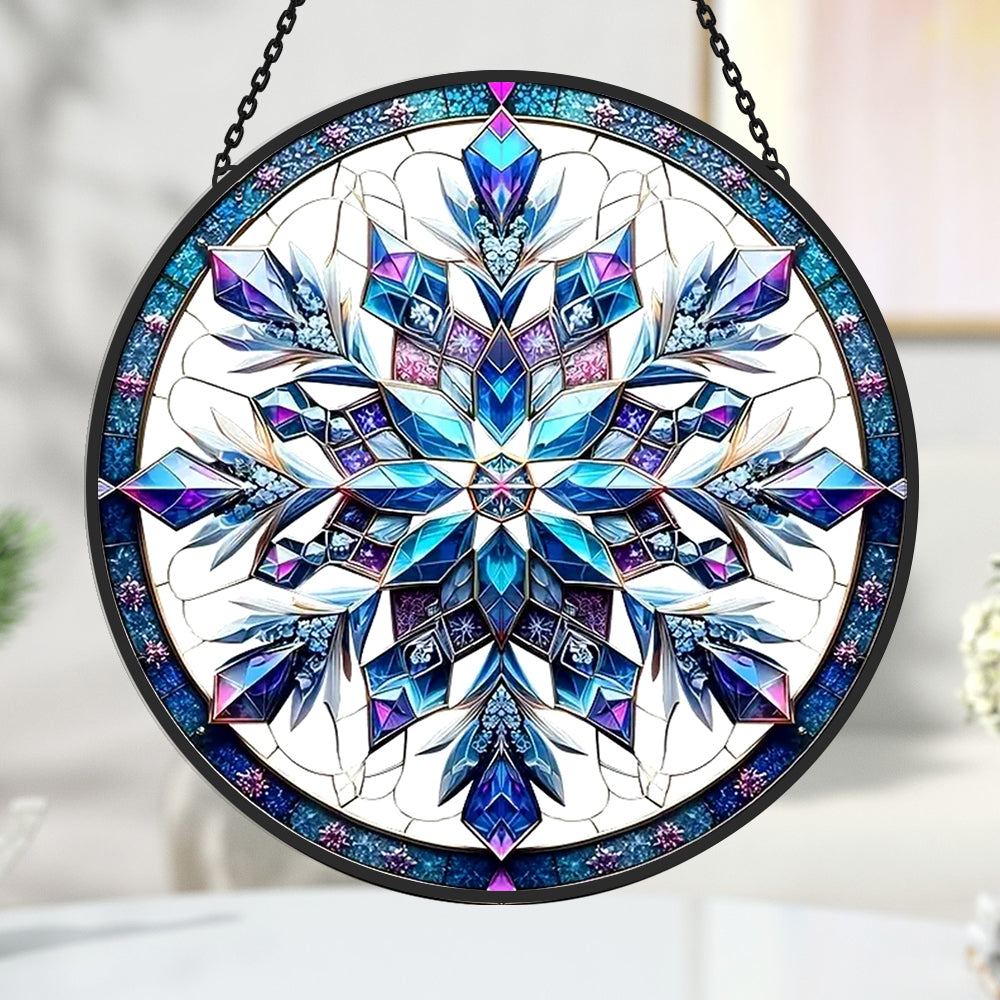 Blue snowflake stained glass suncatcher window hanging, suitable for home and garden decoration