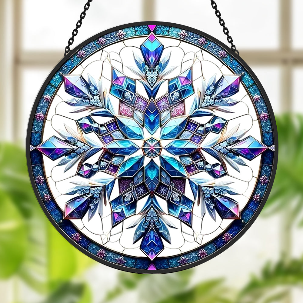 Blue snowflake stained glass suncatcher window hanging, suitable for home and garden decoration