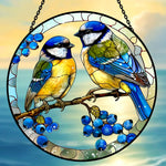 Blue tits on branch stained glass suncatcher window hanging, suitable for home and garden decoration