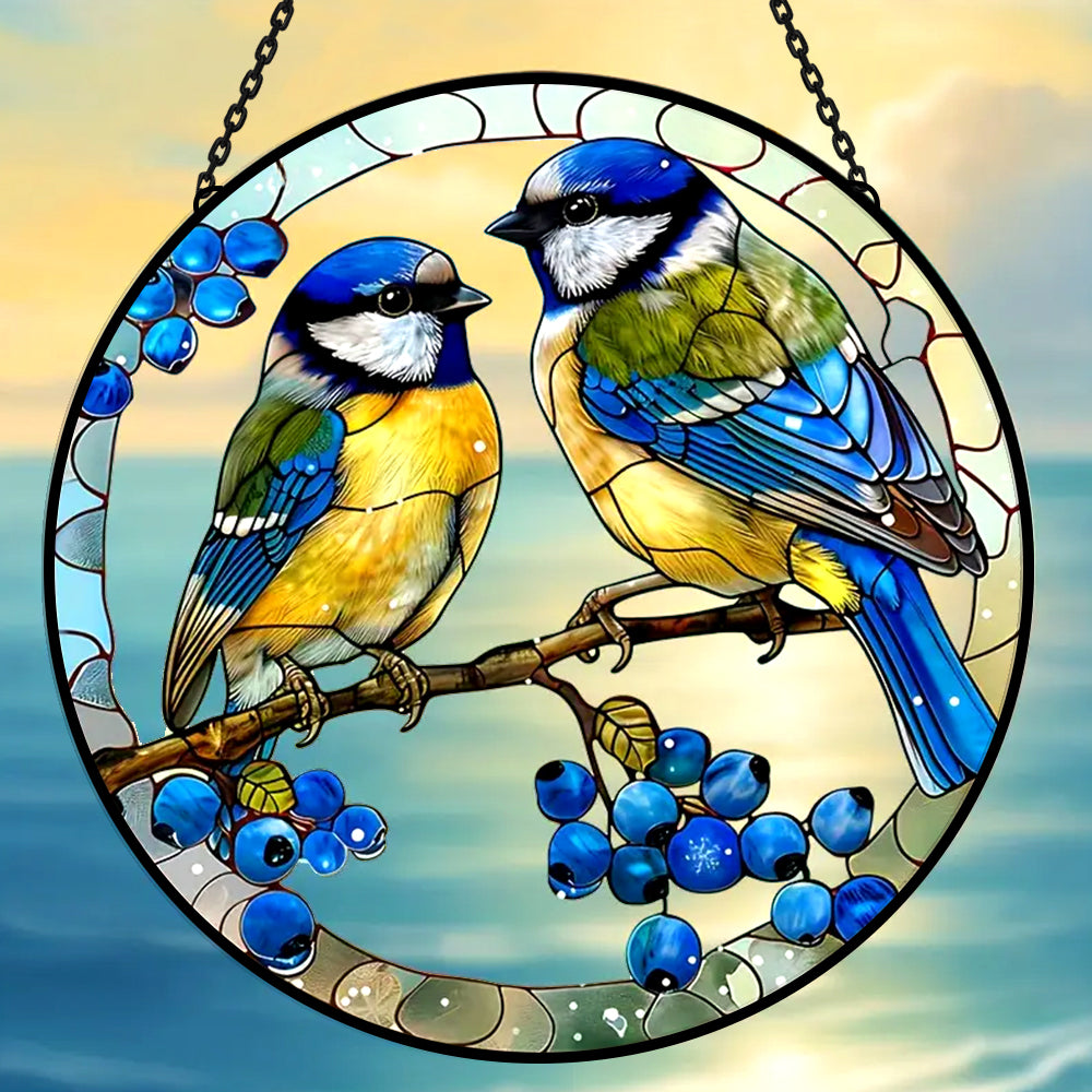 Blue tits on branch stained glass suncatcher window hanging, suitable for home and garden decoration