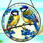 Blue tits on branch stained glass suncatcher window hanging, suitable for home and garden decoration